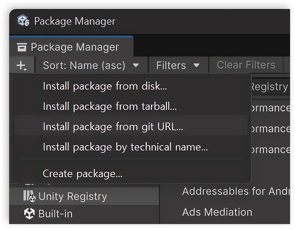 Unity Package Manager의 Install package from git URL 메뉴